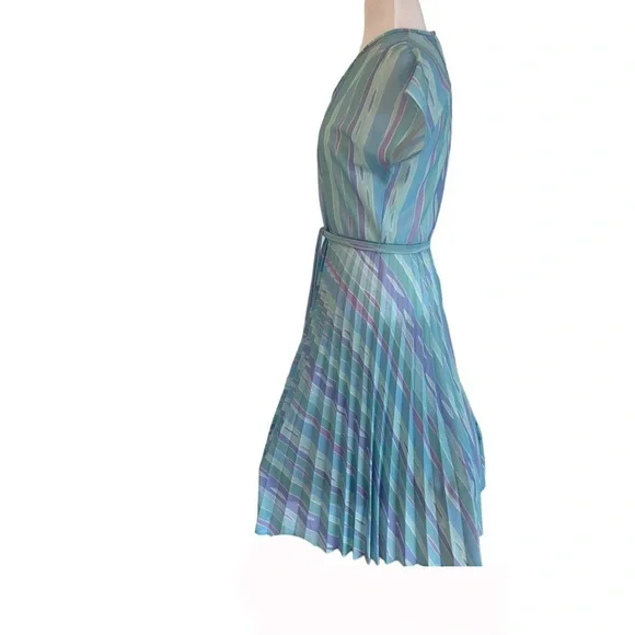 Vintage dress Touch Class pleated A-line pastel pink blue green belted size 14 - Picture 4 of 15